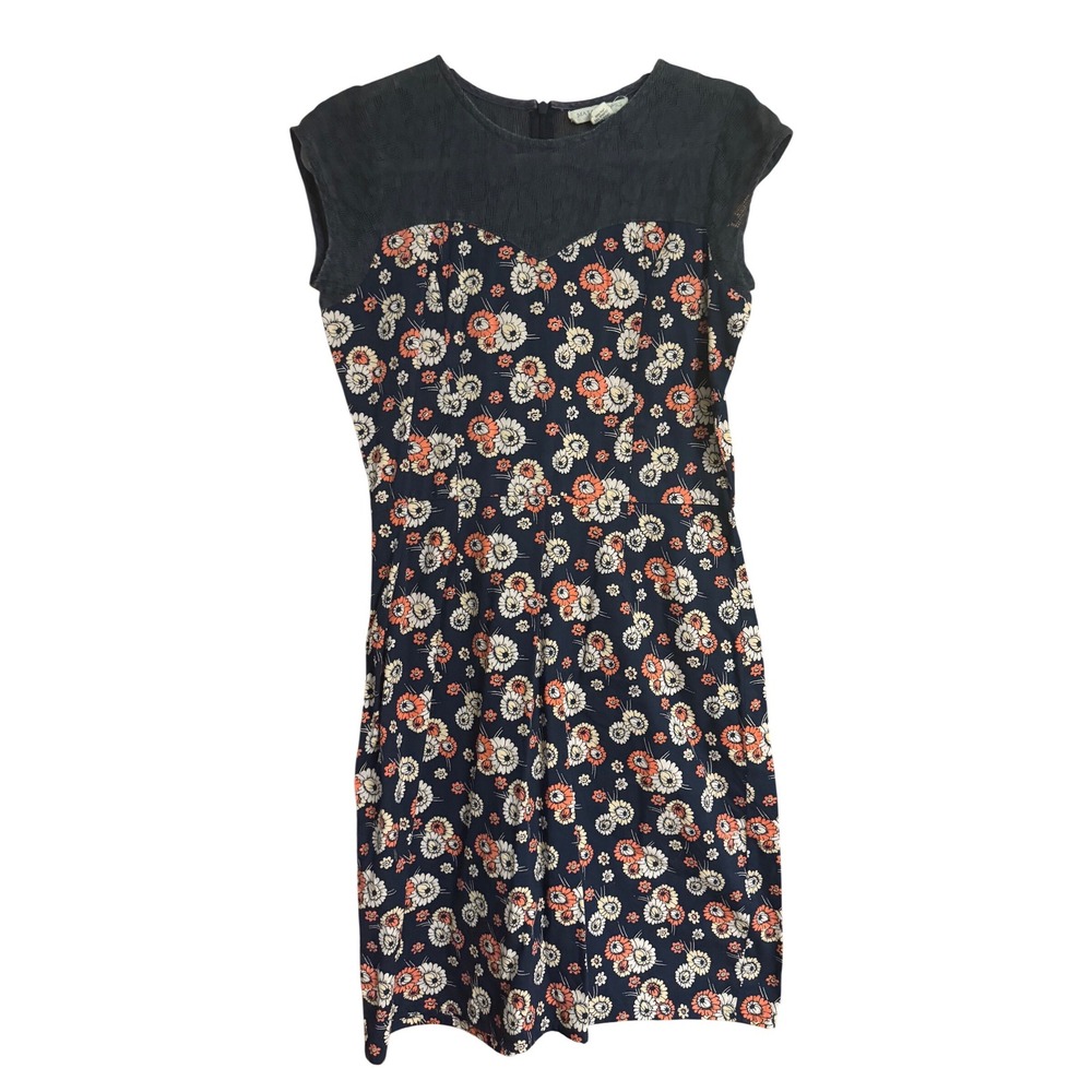 Mata Traders Navy Blue Floral Cotton Lace Yoke Sleeveless Dress Medium
